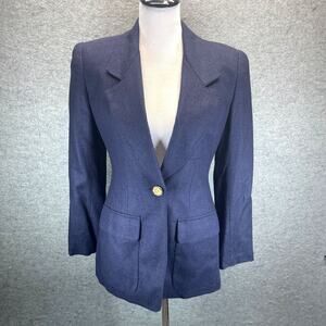 Vintage 90s Carlisle 100% Silk Blazer Jacket Navy Blue Women Size 4 Gold Buttons